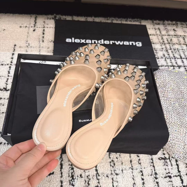 STRASS STUDDED FLAT MULE IN BEIGE MESH UPPER