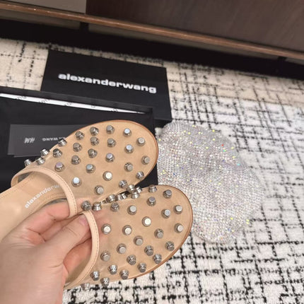 STRASS STUDDED FLAT MULE IN BEIGE MESH UPPER