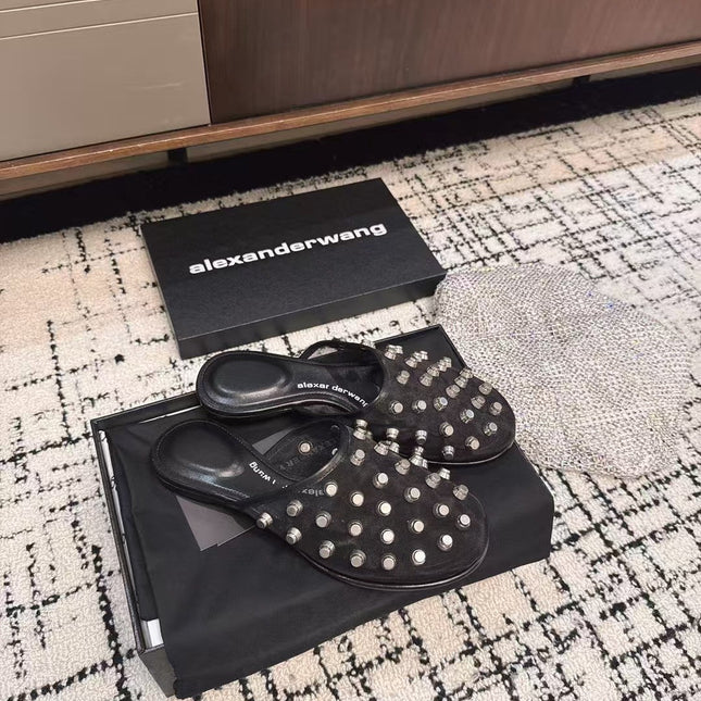 STRASS STUDDED FLAT MULE IN BLACK MESH UPPER