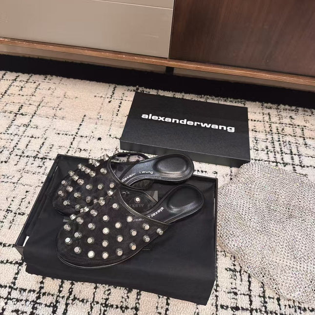 STRASS STUDDED FLAT MULE IN BLACK MESH UPPER