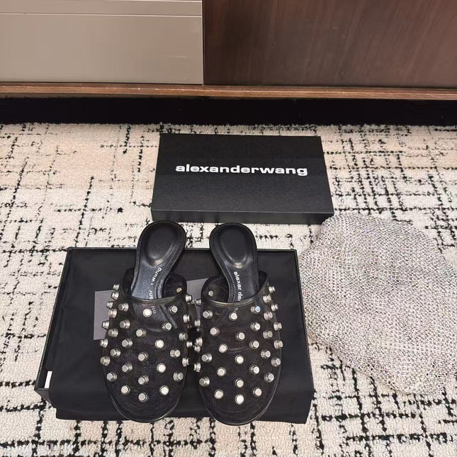 STRASS STUDDED FLAT MULE IN BLACK MESH UPPER