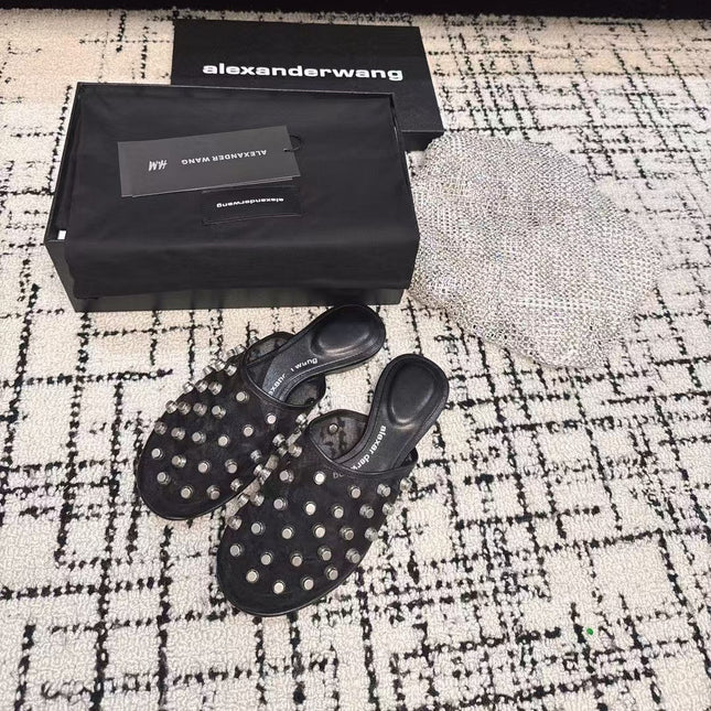 STRASS STUDDED FLAT MULE IN BLACK MESH UPPER