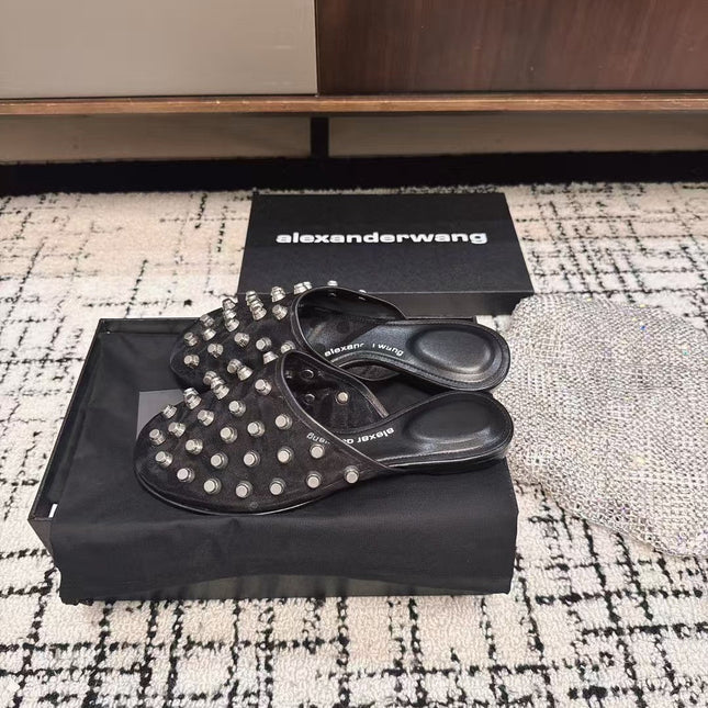 STRASS STUDDED FLAT MULE IN BLACK MESH UPPER