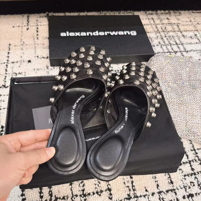 STRASS STUDDED FLAT MULE IN BLACK MESH UPPER