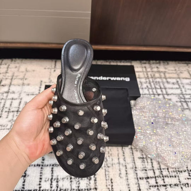 STRASS STUDDED FLAT MULE IN BLACK MESH UPPER