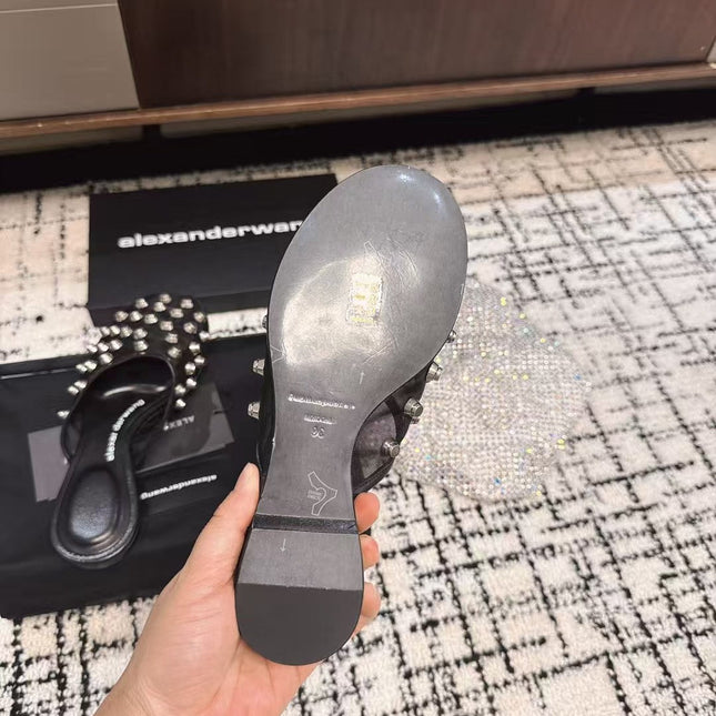 STRASS STUDDED FLAT MULE IN BLACK MESH UPPER