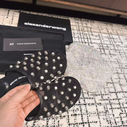 STRASS STUDDED FLAT MULE IN BLACK MESH UPPER