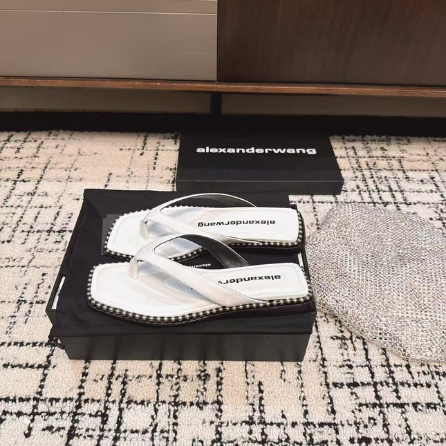 RHODES STUDDED THONG SANDAL IN WHITE CALFSKIN