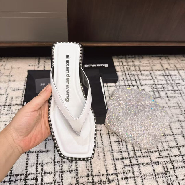 RHODES STUDDED THONG SANDAL IN WHITE CALFSKIN