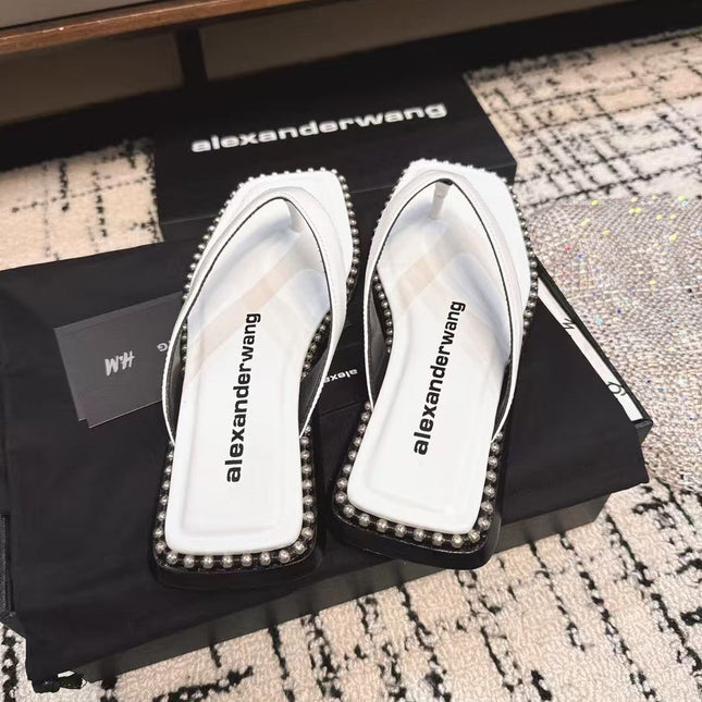 RHODES STUDDED THONG SANDAL IN WHITE CALFSKIN