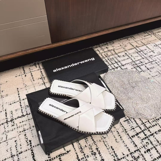 RHODES STUDDED SLIDE SANDAL IN WHITE CALFSKIN