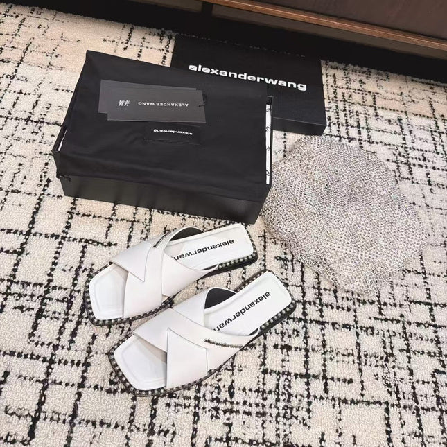 RHODES STUDDED SLIDE SANDAL IN WHITE CALFSKIN