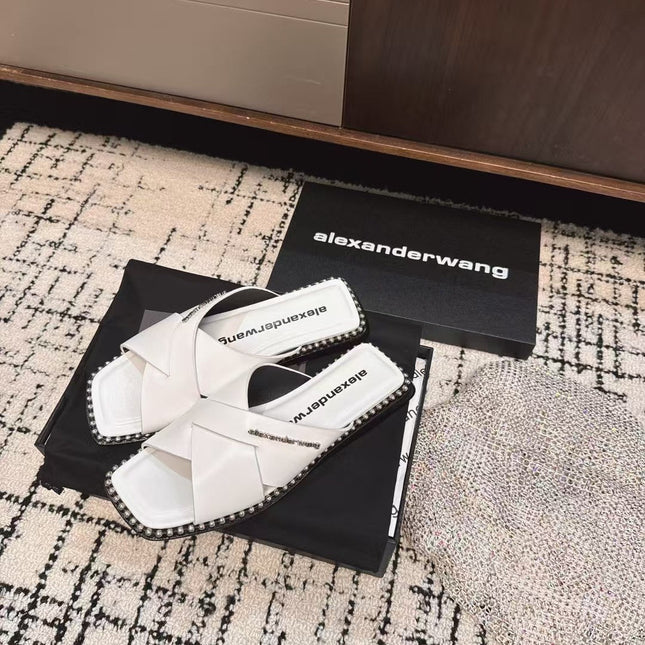 RHODES STUDDED SLIDE SANDAL IN WHITE CALFSKIN