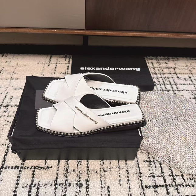 RHODES STUDDED SLIDE SANDAL IN WHITE CALFSKIN