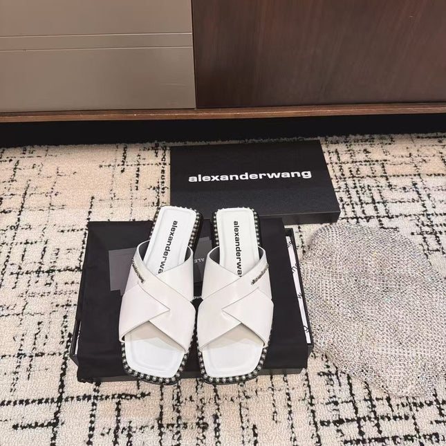 RHODES STUDDED SLIDE SANDAL IN WHITE CALFSKIN