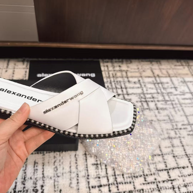 RHODES STUDDED SLIDE SANDAL IN WHITE CALFSKIN