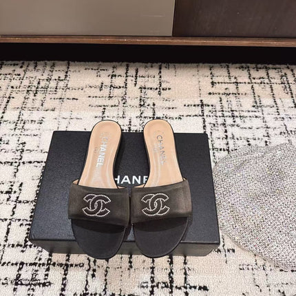 SLIPPERS IN BLACK SATIN MIX CALFSKIN