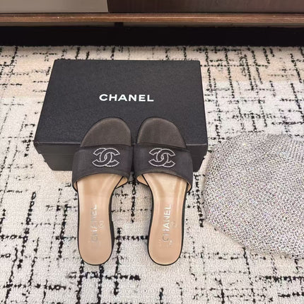 SLIPPERS IN BLACK SATIN MIX CALFSKIN