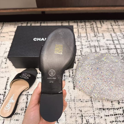 SLIPPERS IN BLACK SATIN MIX CALFSKIN