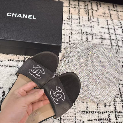 SLIPPERS IN BLACK SATIN MIX CALFSKIN