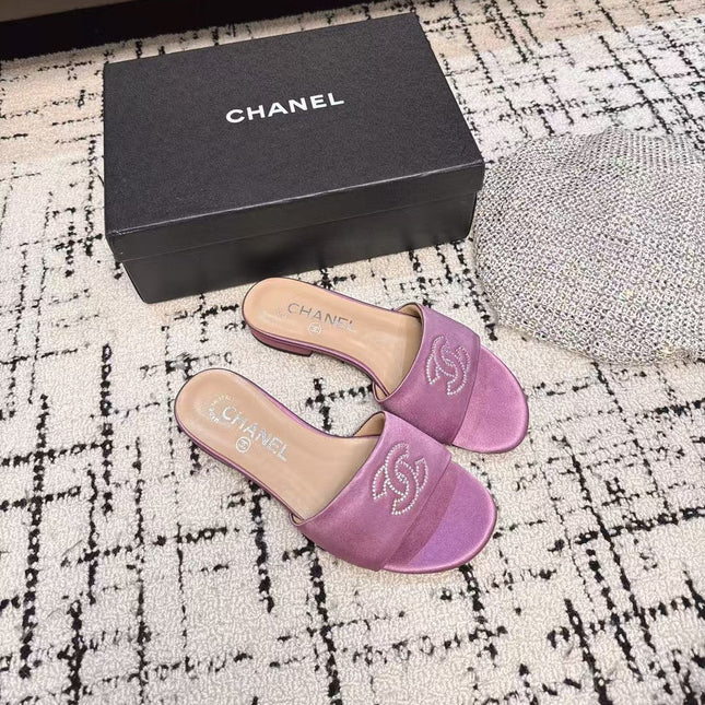 SLIPPERS IN LILAC PURPLE SATIN MIX CALFSKIN