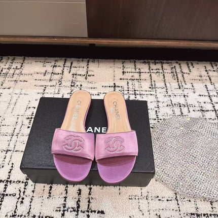 SLIPPERS IN LILAC PURPLE SATIN MIX CALFSKIN