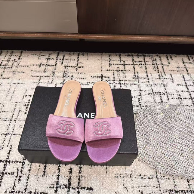 SLIPPERS IN LILAC PURPLE SATIN MIX CALFSKIN