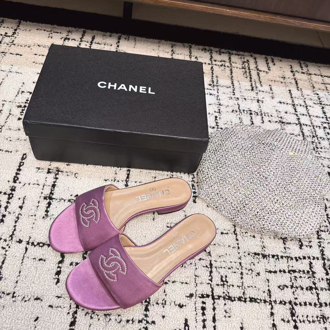 SLIPPERS IN LILAC PURPLE SATIN MIX CALFSKIN