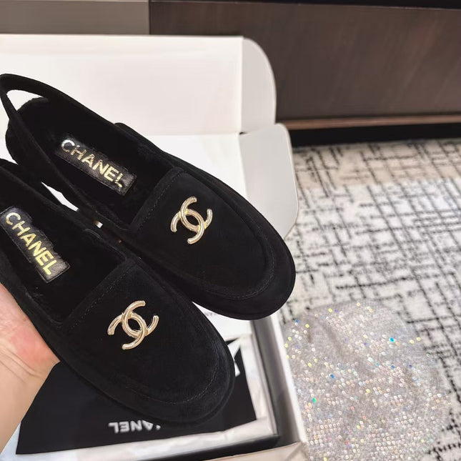 SLINGBACK LOAFER IN BLACK SUEDE AND SHEARLING