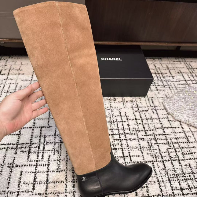 CC HIGH BOOTS IN TAN BROWN SUEDE MIX BLACK CALFSKIN