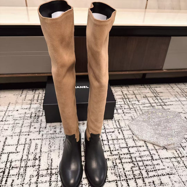 CC HIGH BOOTS IN TAN BROWN SUEDE MIX BLACK CALFSKIN