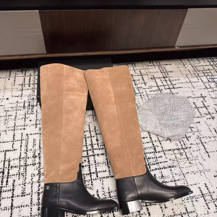 CC HIGH BOOTS IN TAN BROWN SUEDE MIX BLACK CALFSKIN