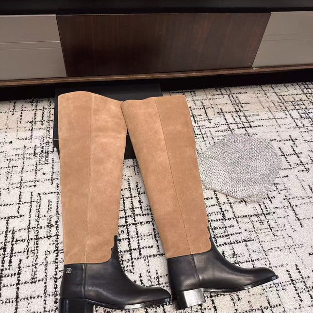 CC HIGH BOOTS IN TAN BROWN SUEDE MIX BLACK CALFSKIN