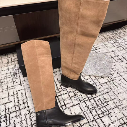 CC HIGH BOOTS IN TAN BROWN SUEDE MIX BLACK CALFSKIN