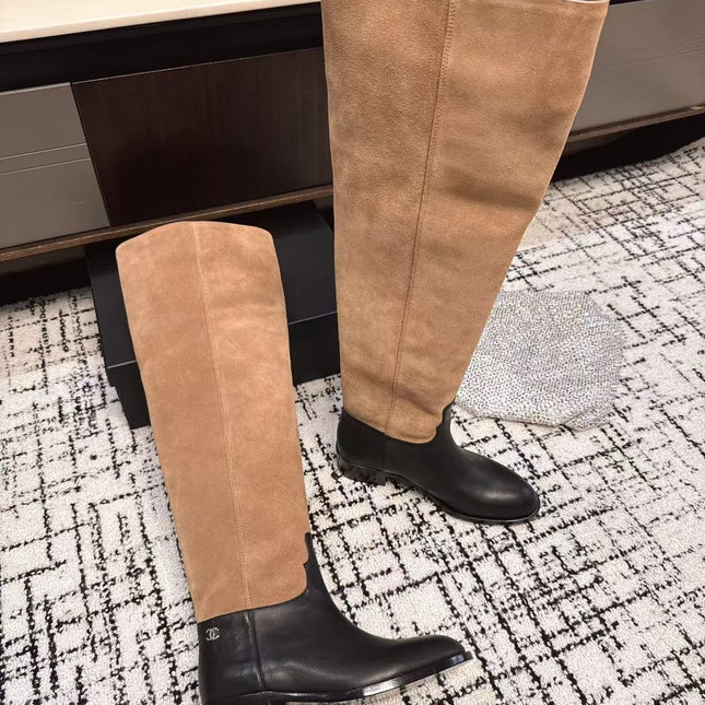 CC HIGH BOOTS IN TAN BROWN SUEDE MIX BLACK CALFSKIN