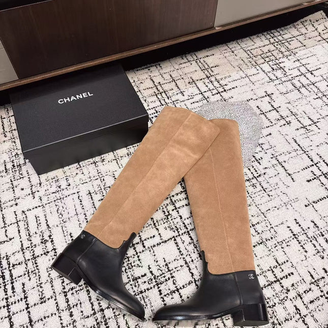 CC HIGH BOOTS IN TAN BROWN SUEDE MIX BLACK CALFSKIN