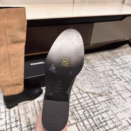 CC HIGH BOOTS IN TAN BROWN SUEDE MIX BLACK CALFSKIN