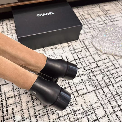 CC HIGH BOOTS IN TAN BROWN SUEDE MIX BLACK CALFSKIN