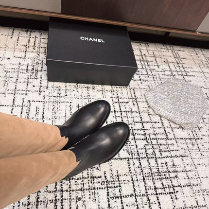 CC HIGH BOOTS IN TAN BROWN SUEDE MIX BLACK CALFSKIN