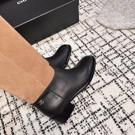 CC HIGH BOOTS IN TAN BROWN SUEDE MIX BLACK CALFSKIN