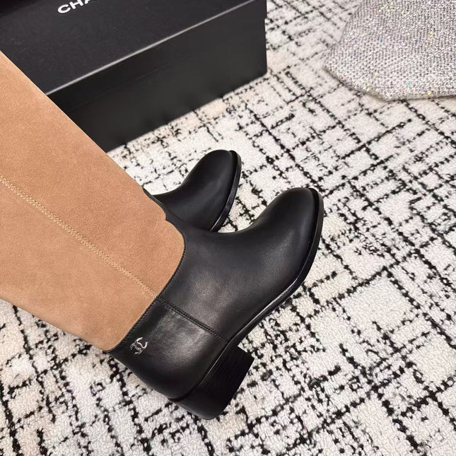 CC HIGH BOOTS IN TAN BROWN SUEDE MIX BLACK CALFSKIN