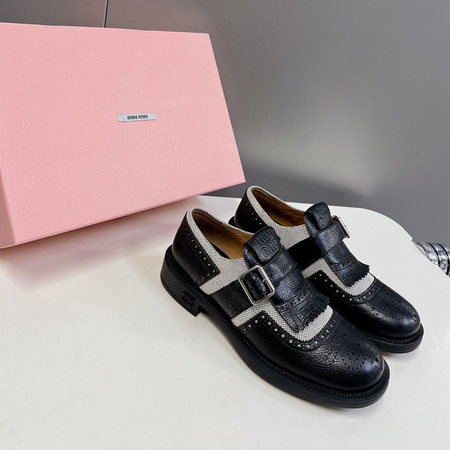 UNIQUE THICK-SOLED OXFORD SHOES BLACK MIX CREAM CALFSKIN