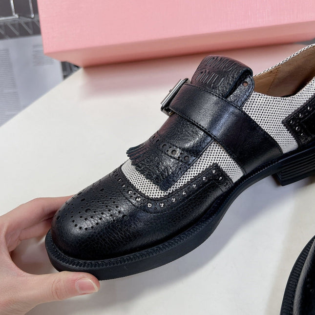 UNIQUE THICK-SOLED OXFORD SHOES BLACK MIX CREAM CALFSKIN