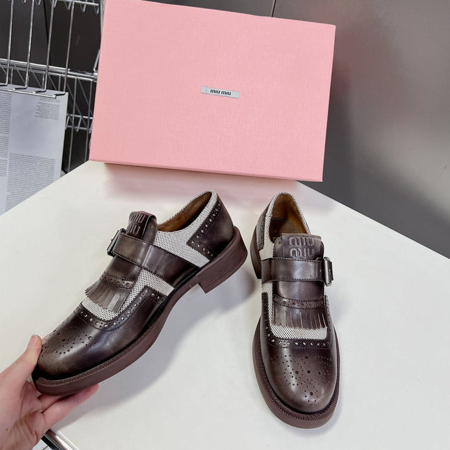 UNIQUE THICK-SOLED OXFORD SHOES BROWN MIX CREAM CALFSKIN