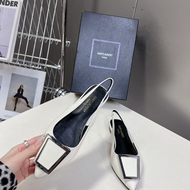 SL SQUARE BUCKLE SLINGBACK WHITE CALFSKIN