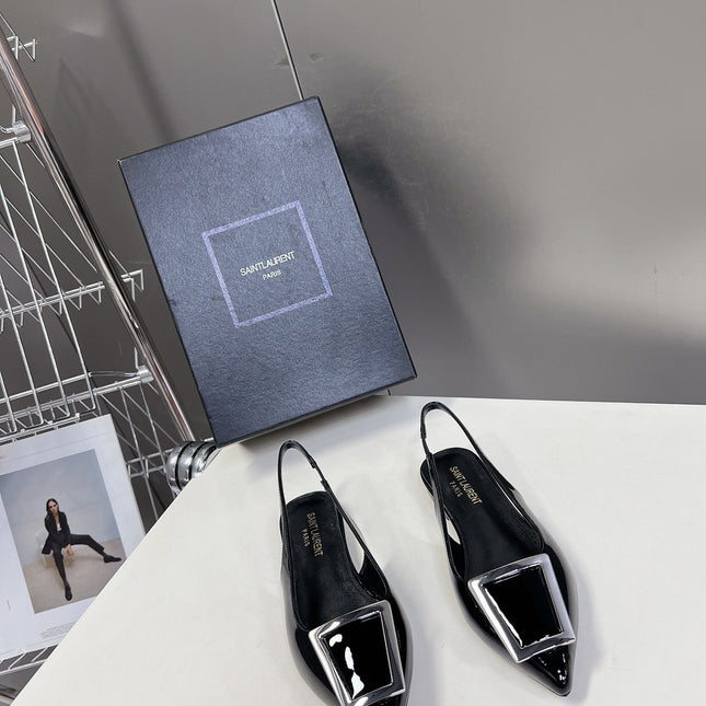 SL SQUARE BUCKLE SLINGBACK BLACK POLISHED CALFSKIN