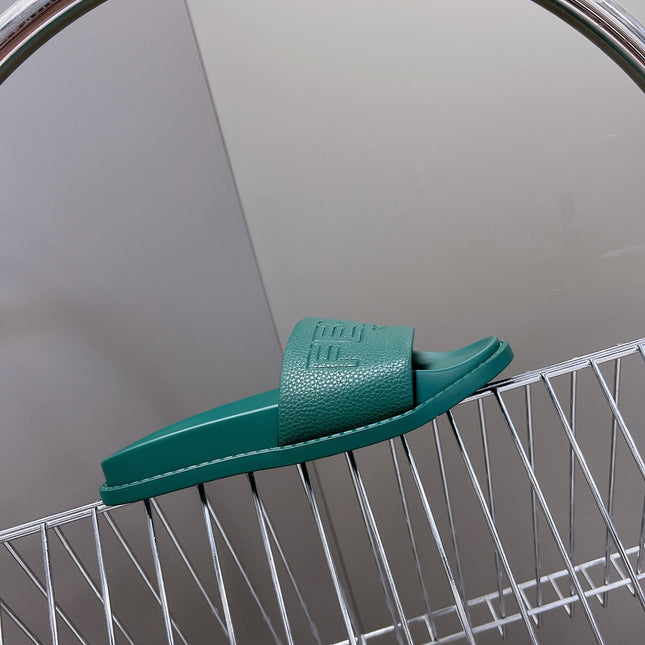 FENDI ROMA SLIDES IN TEAL GREEN LAMBSKIN LEATHER