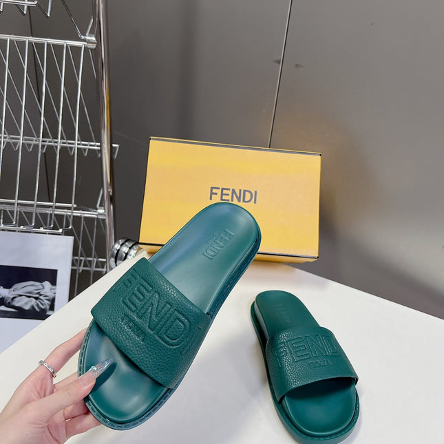 FENDI ROMA SLIDES IN TEAL GREEN LAMBSKIN LEATHER