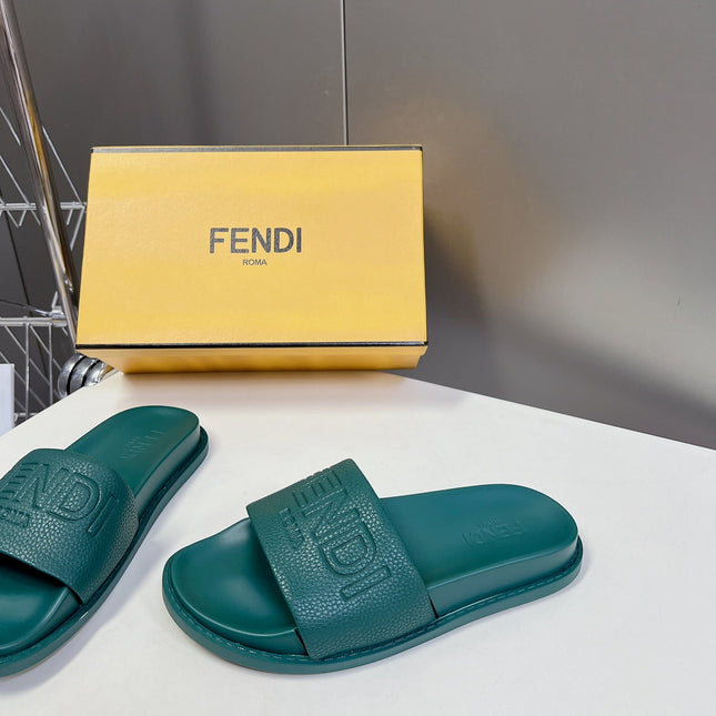 FENDI ROMA SLIDES IN TEAL GREEN LAMBSKIN LEATHER
