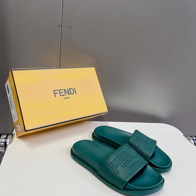 FENDI ROMA SLIDES IN TEAL GREEN LAMBSKIN LEATHER